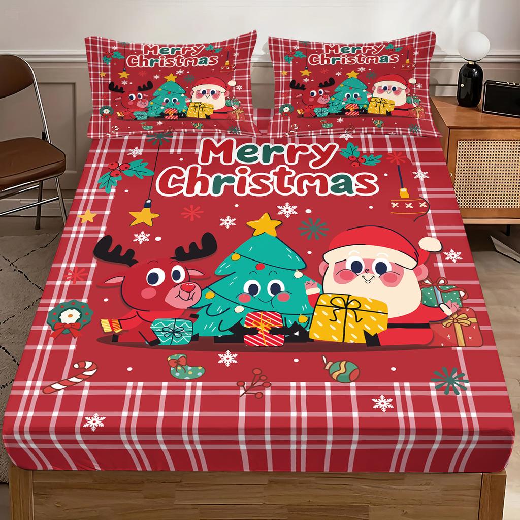 3pcs red checkered Santa Claus print coreless bed sheet set multi size bed cover bedroom bedding decoration machine washable