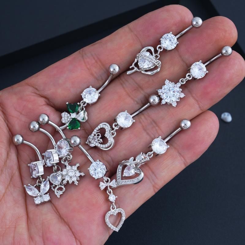 Butterfly Zircon Belly Button Rings Stainless Steel Heart Pendant Navel Piercing Barbell For Women Belly Ring Beach Jewelry