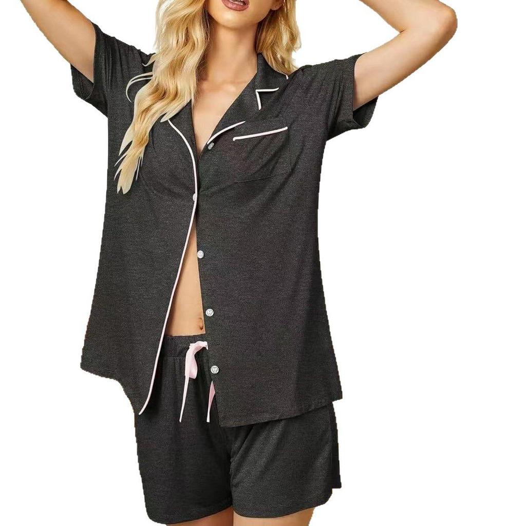 European & American Casual Lapel Women's Short Sleeve Cardigan Pajama Set with Shorts