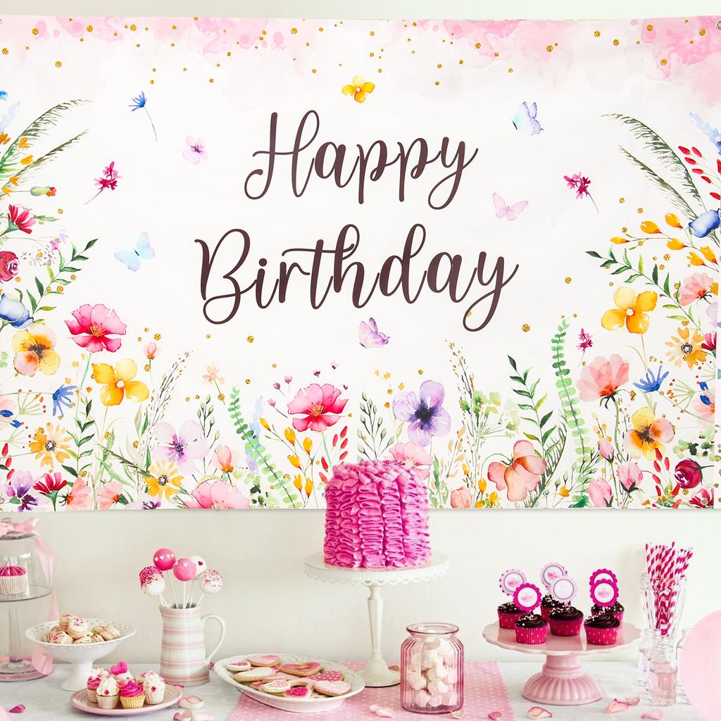 Wildflower Background Happy Birthday Backdrop Spring Flower Theme Party Supplies Kids Friends Baby Shower Party Decoration