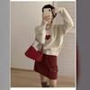 Autumn and Winter New Products Round Neck Shoulder Sleeves Knitted Sweater Women's Korean Cute Little Fresh Love Jacquard Top Women's