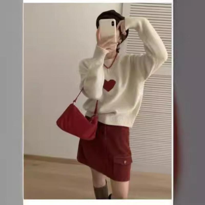 Autumn and Winter New Products Round Neck Shoulder Sleeves Knitted Sweater Women's Korean Cute Little Fresh Love Jacquard Top Women's