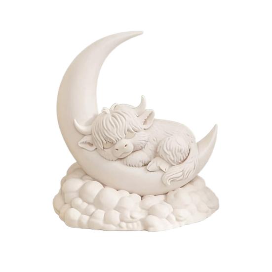 Sleeping Highland Cow Figurine Cute Cow Sleeping on Moon Statue 3D
