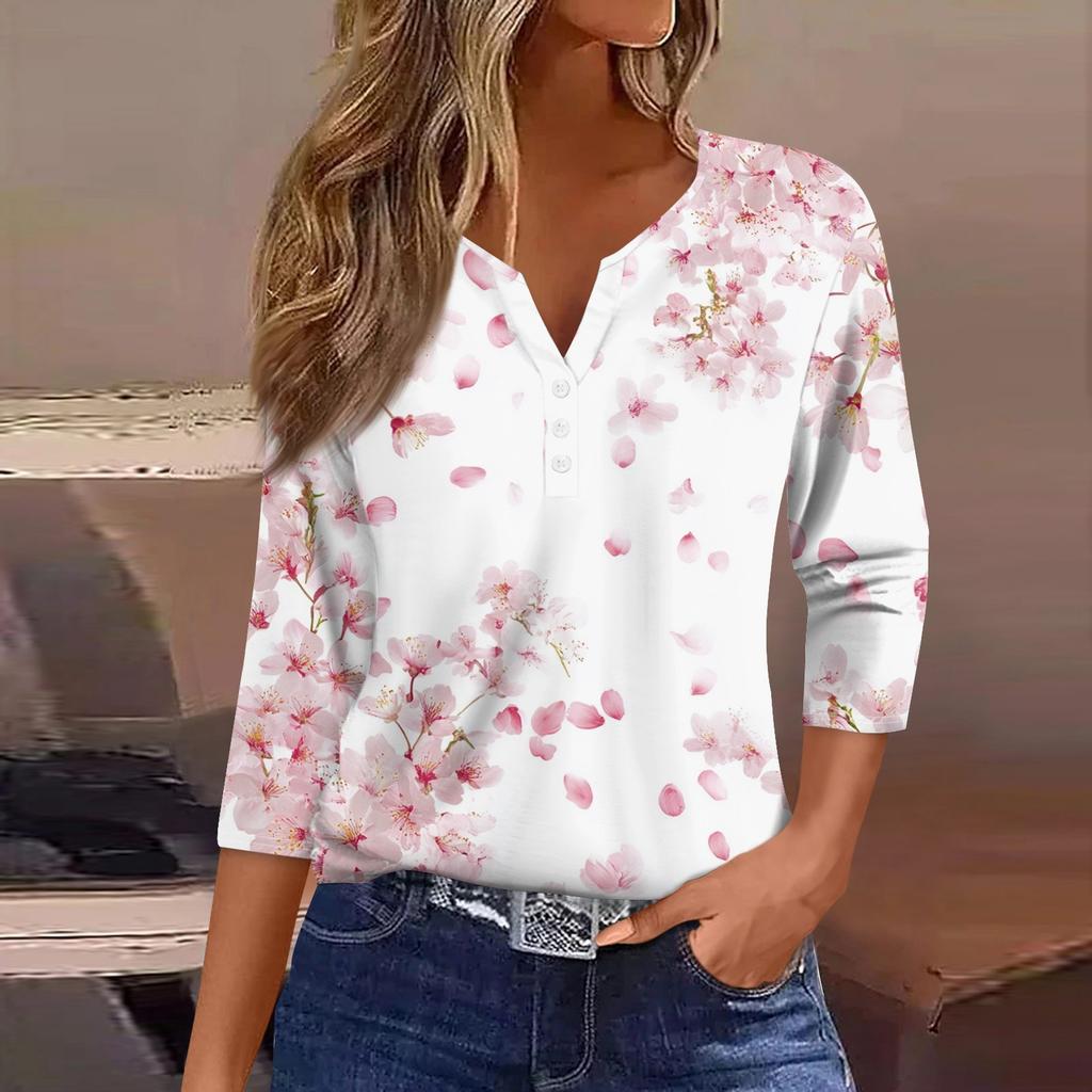 Women's T Shirt Tee Print Button 3/4 Sleeve Daily Weekend Fashion Basic V- Neck Regular Top