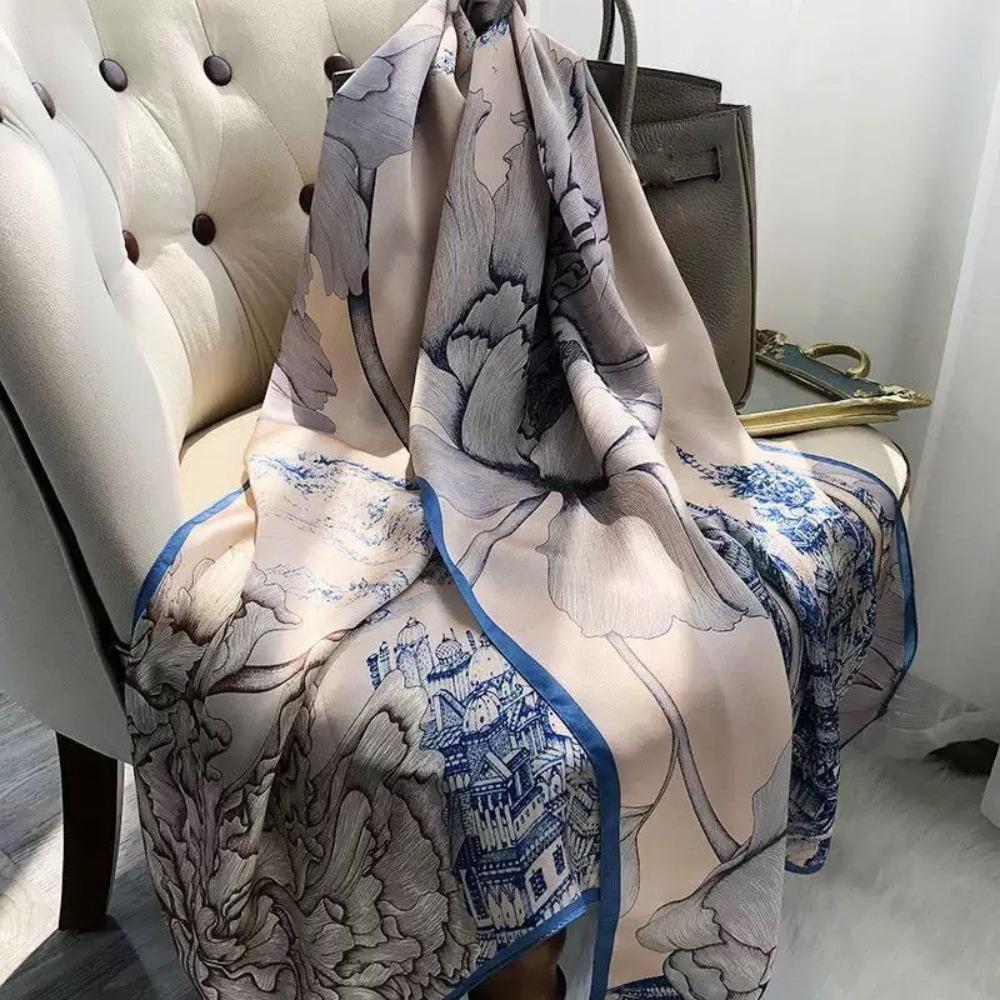 

Silk Satin Shawl Wrap Fashion Print Sunscreen Beach Stole Elegant Large Scarf 03