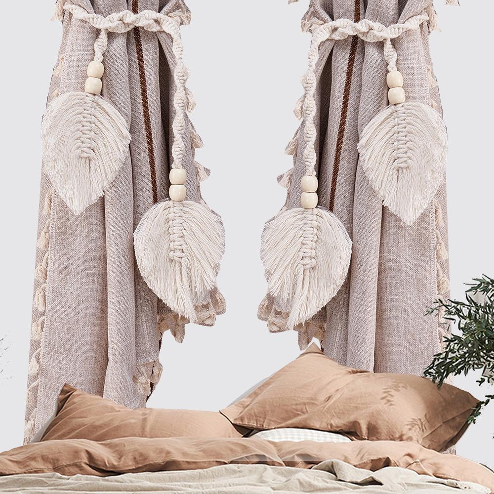 Boho Curtain Tiebacks Leaf Curtain Buckles with Wooden Bead Cotton Rope Hand-Woven Curtain Straps for Home Bedroom Decoration