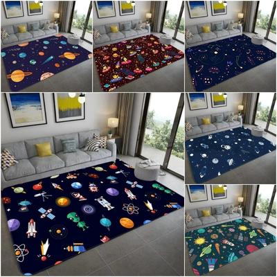 Cartoon Universum Design Kinderteppich Interaktive Spielmatte für Schlafzimmer Wohnzimmer Planet Thema Weicher Bodenteppich Dekoration