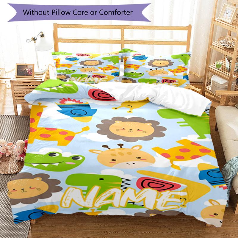 3pcs Custom Name Animals Bedding Set Duvet Cover Closure Includes 1 Duvet Cover & 2 Pillowcases, Soft and Comfortable for All Seasons.