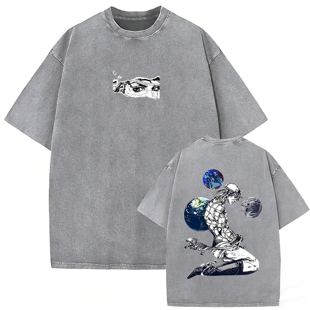 Washed Vintage Anime Jojo Bizarre Adventure Tshirt Retro Manga Giorno Giovanna T Shirts Men Casual Cartoon Oversized Tshirts
