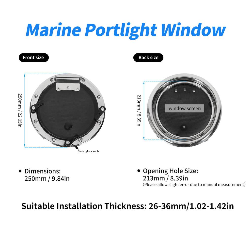 10 Inch Boat Round Porthole Window Inward Opening Stainless Steel Tempered Glass Porthole Window with Screen and Fixed Handle for Boat Yacht