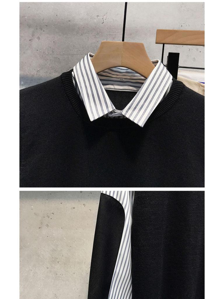 Men's Fake Two-Piece Sweater with Shirt Collar: 2025 Spring/Autumn Patchwork Knitwear Trendy Jacket