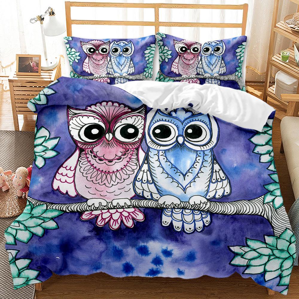 Cartoon Owl Child Duvet Cover Set,Mysterious Forest Retro Boho Design Bedding Set With 2 Pillow Shams, Queen/King/Full/Twin Size