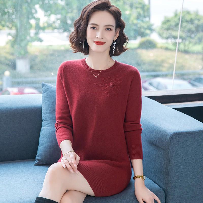 

100% Pure Wool Mid-Length Cashmere Sweater for Women - Autumn/Winter 2025 New Style for Middle-Aged and Elderly Mothers L (suggested up to 105 jin) вино красного