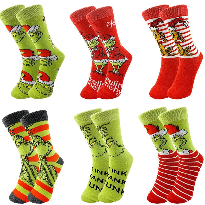 Grenzüberschreitende kreative Grinch Weihnachten gestrickte Mid-Calf-Socken für Männer & Frauen.