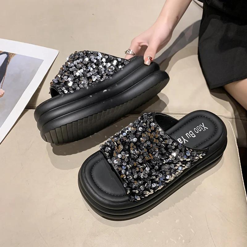 Fashion 8CM Bling Woman Platform Sandals Ladies Elegant Medium Women's Shoes Flats Summer Sandals Women Designer Shoes Girls slippers
