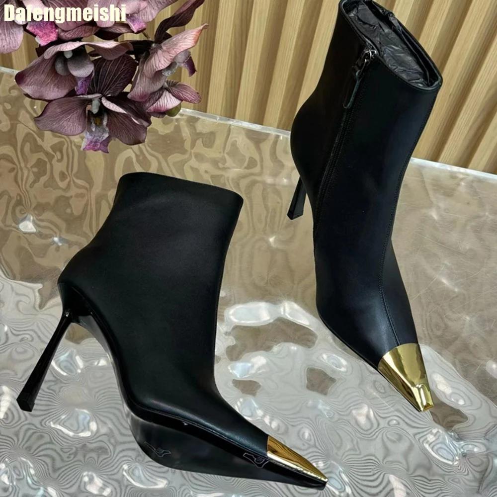 

Металлические ботильоны с квадратным носком для женщин 2025 Новые осенне-зимние с плюшевой подкладкой из натуральной кожи Сексуальные туфли на высоком каблуке Стилет Рыцарские сапоги 40