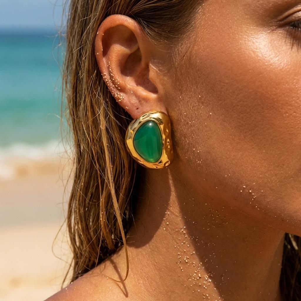 Vintage Stainless Steel Green Resin Irregular Stud Earrings For Women Men Minimalist Textured Geometric Earring Elegant Jewelry