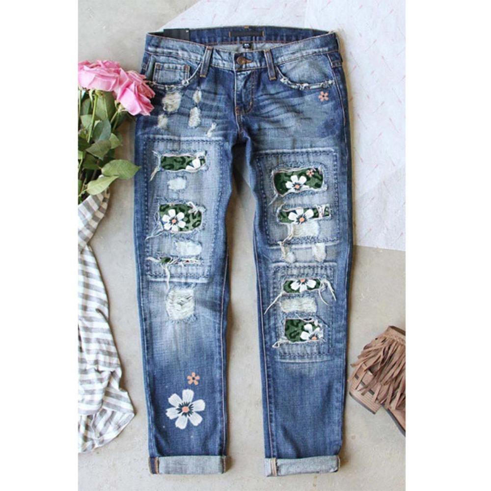 Women's Mid Rise Straight Leg Distressed Jeans Loose Fit Commuter Denim Pants Floral Patch Print Micro Stretch Vintage Washed Long Trousers For Autumn