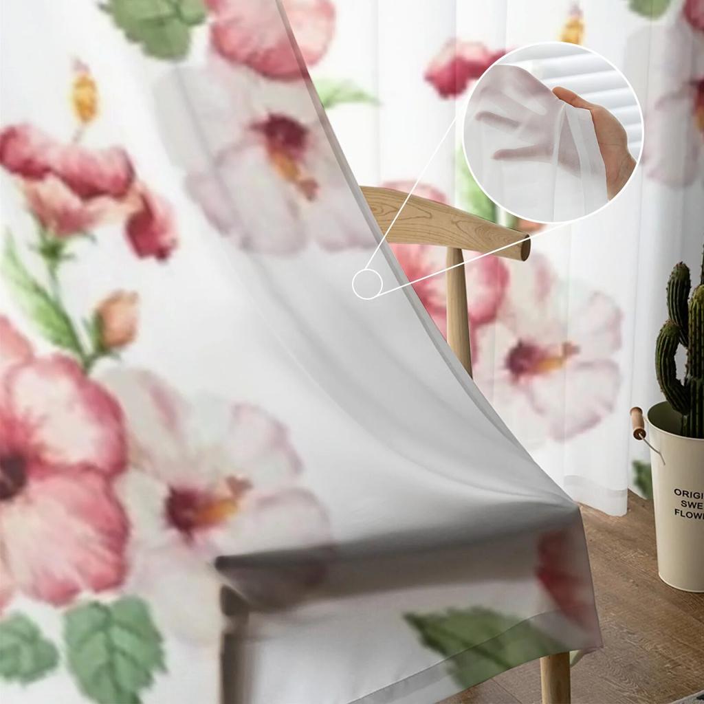 Aquarell-Muster, Hibiscus, durchsichtige Fenstervorhänge für Wohnzimmer, Schlafzimmer, moderne Voile-Tüllvorhänge, Stoffvorhänge für die Küche