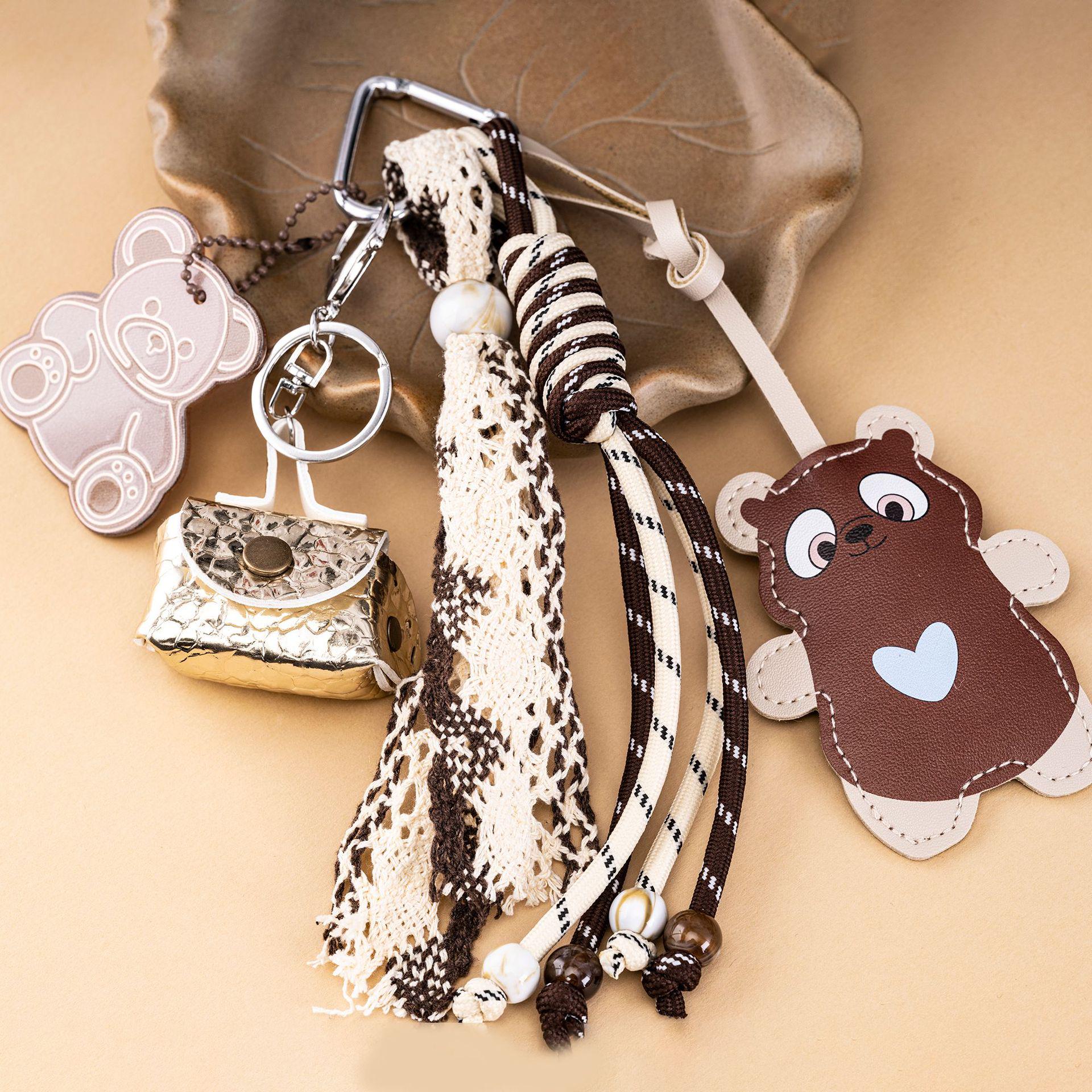 Miu-Style Luxury Cat Bag Charm: Leather Racket Keychain with Cute Bear Design