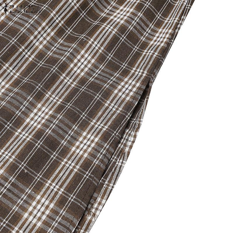 ZANZEA Womens Plaid Maxi Dress Casual V Neck Short Puff Sleeve Side Slit Vintage Loose Long Dresses