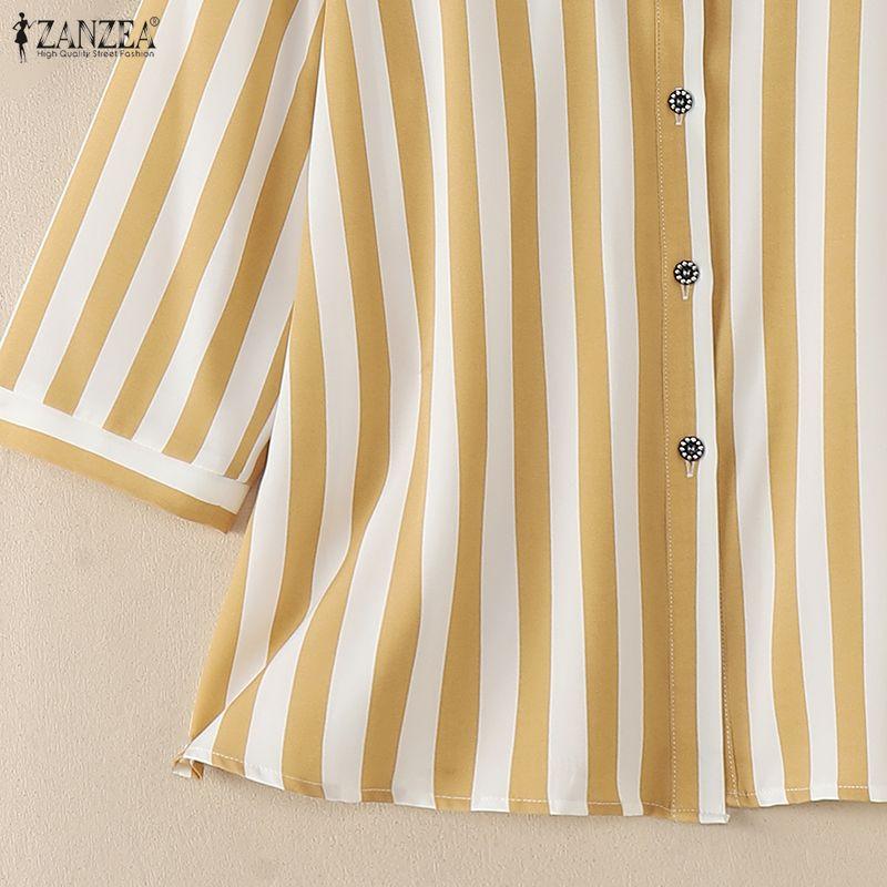 ZANZEA Women Casual Turn Down Collar 3/4 Sleeve Loose Stripe Blouse