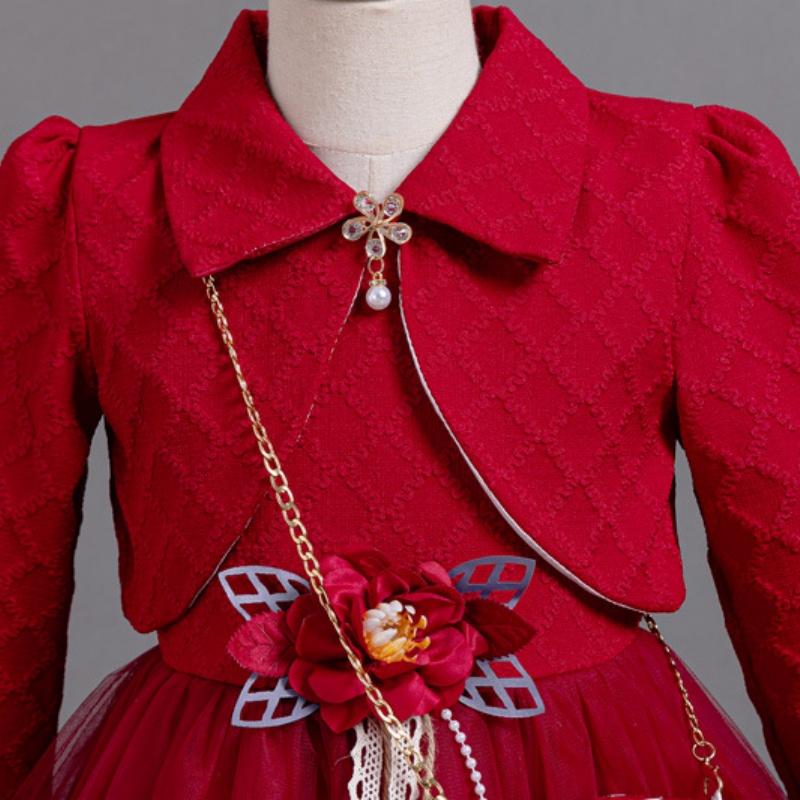 3dílné nové dívčí princeznovské šaty vyšívané s dlouhým rukávem elegantní dívčí šaty dětská narozeninová párty šaty + taška