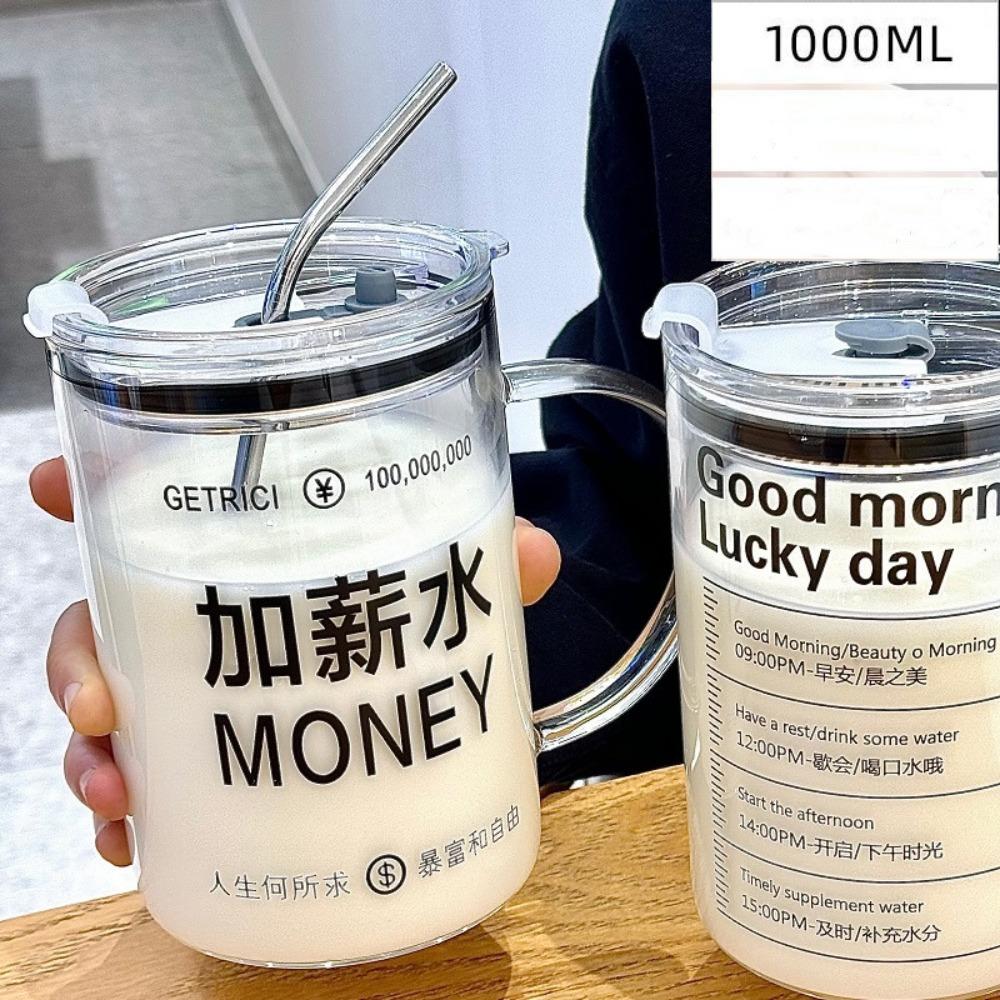 With Lid Scale Water Cup 1000ml Large Capacity Breakfast Cup Gift Straw Glass Cup Home Office