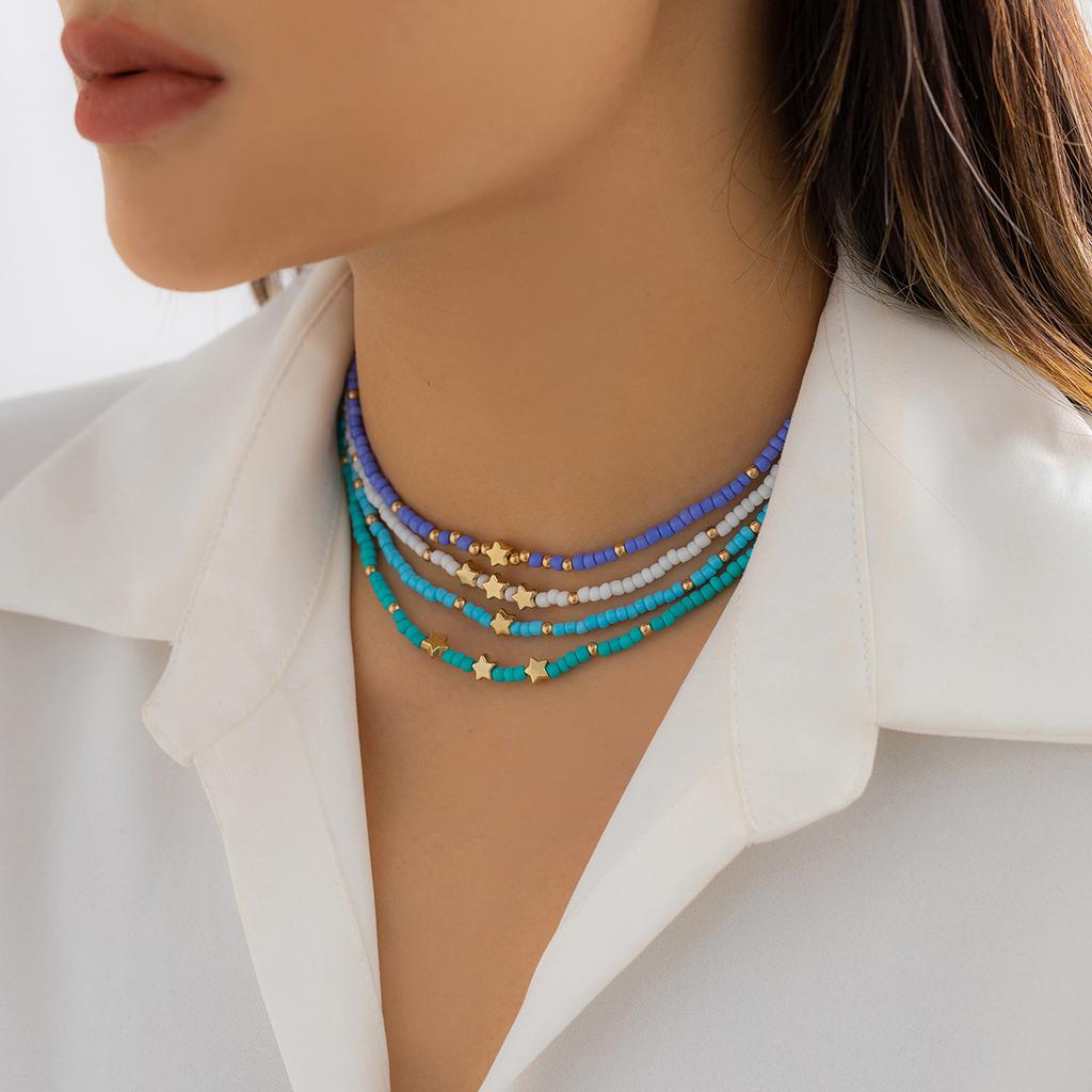 Accessories, simple beaded contrasting geometric items, creative color rice bead star collarbone necklace women