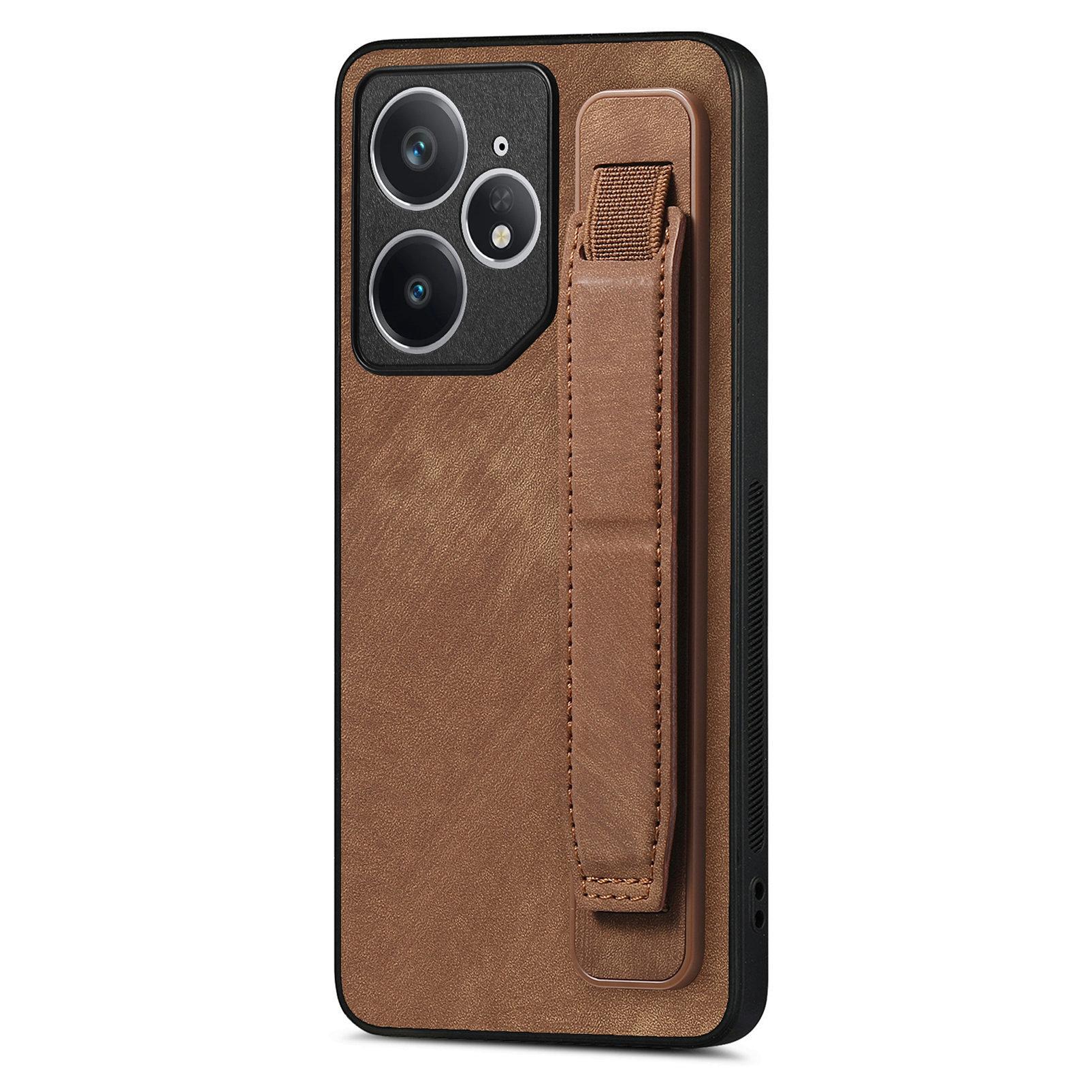 

For Realme Neo7 5G Case with Wristband Kickstand Leather+TPU Phone Cover Brown