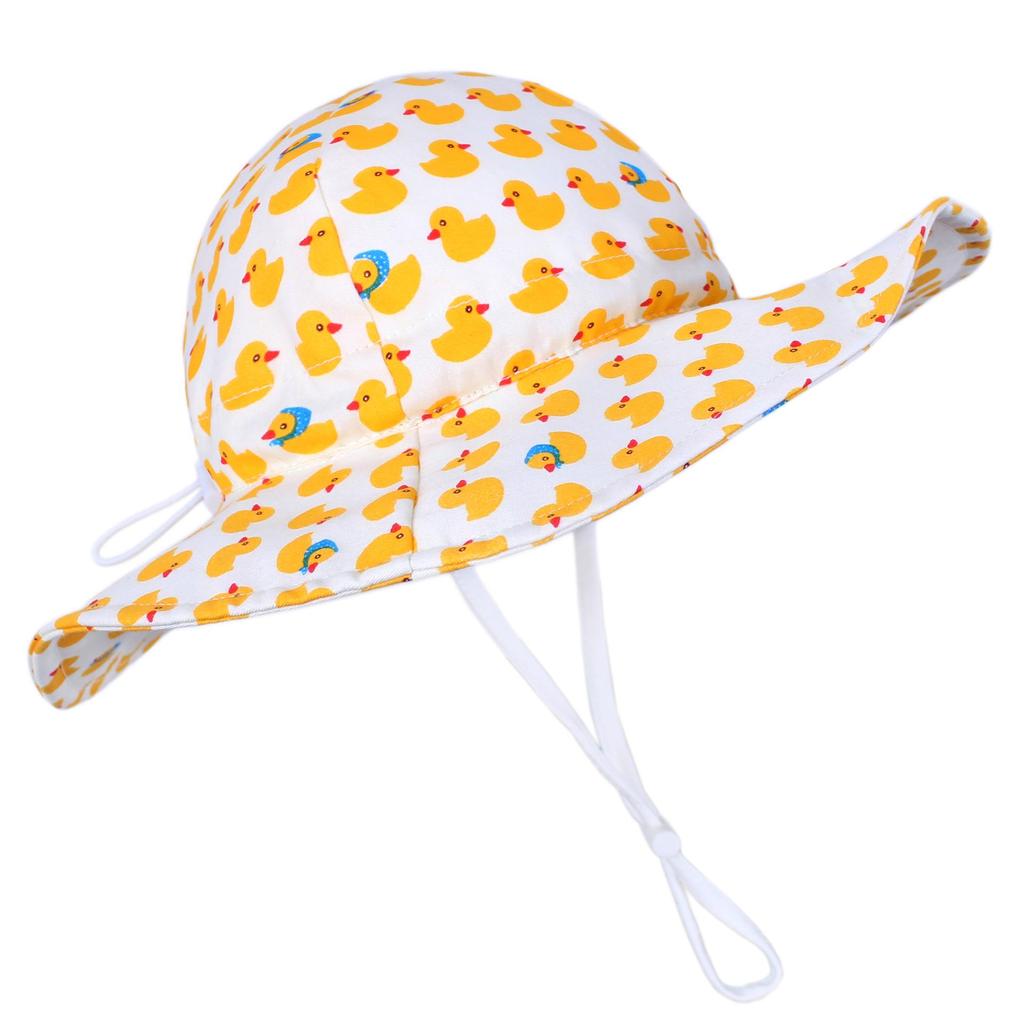 Yellow Duck Print Cotton Baby Sun Hat - Spring/Summer Wide Brim