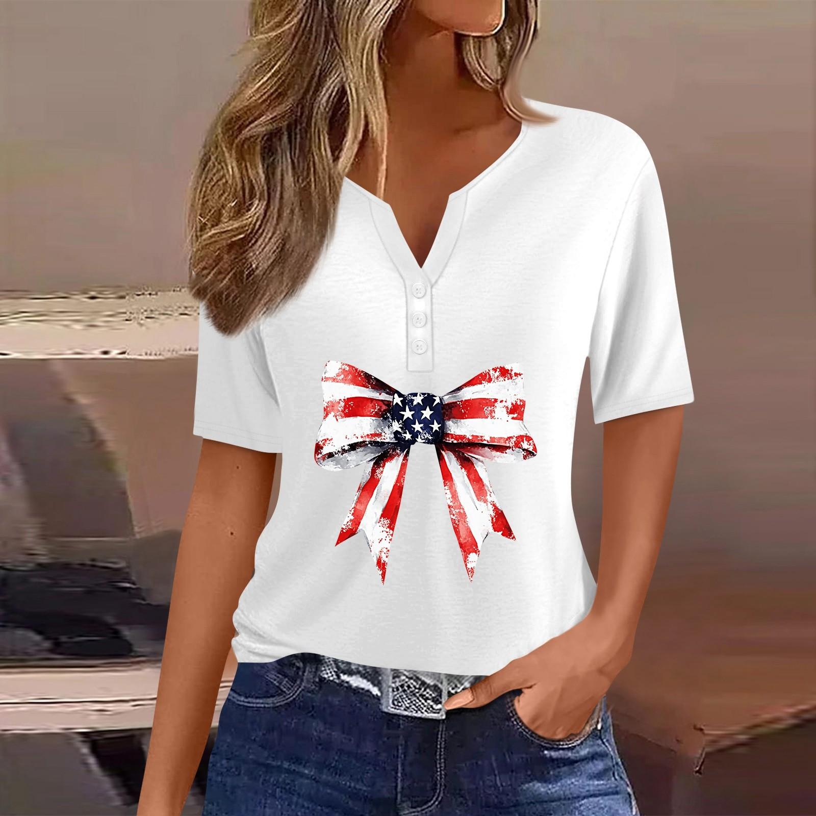 

Women s T Shirt Tee Independence Day Print Button Short Sleeve Daily Weekend Fashion Basic V-Neck Regular Top S білий