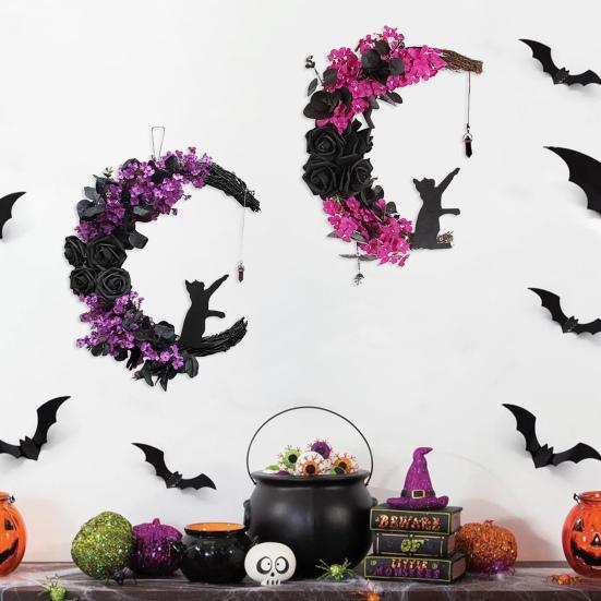 Halloween Wreath for Front Door Black Cat Moonlight Garland LED Lights Door Decor with Purple Flowers Indoor Outdoor Spooky Party Decoration