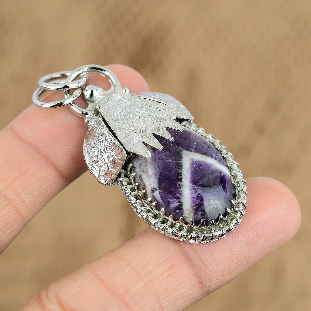 Wedding Gift For Her 925 Silver Natural Chevron Amethyst Gemstone Pendant