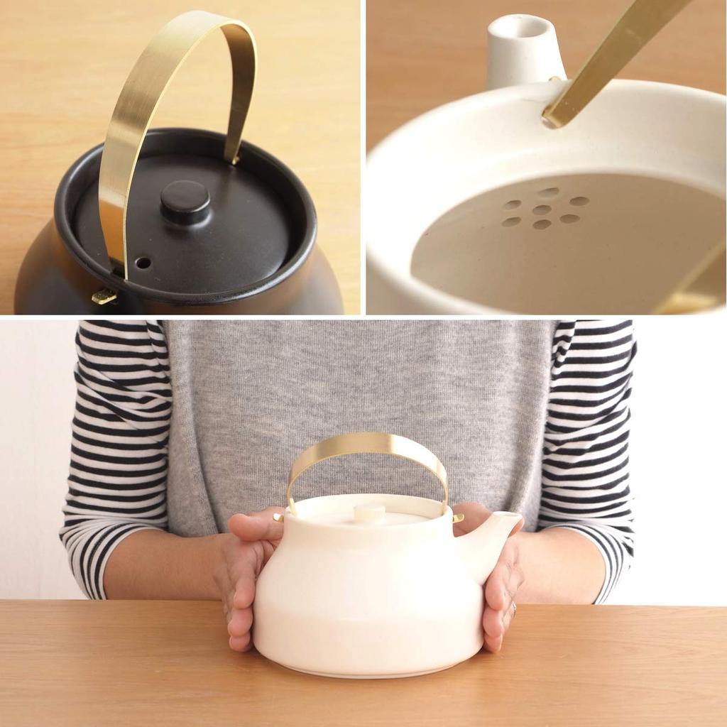 Kamoshika Douguten 1L Kettle, Gas and Microwave Safe, Made in Japan, Banko Ware Ceramic and Brass, for Direct Heat, Ceramic Kettle (White, Small)