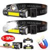 1-5PCS COB LED recarregável farol forte magnético poderoso farol super brilhante à prova d'água lanterna de cabeça para pesca ao ar livre