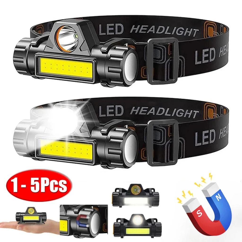 1-5PCS COB LED recarregável farol forte magnético poderoso farol super brilhante à prova d'água lanterna de cabeça para pesca ao ar livre