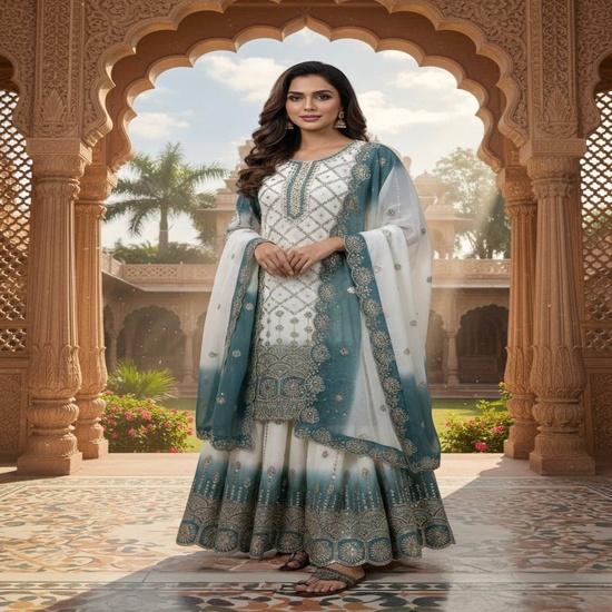 **Elegant Teal & Ivory Ombre Sharara Suit Set with Scalloped Dupatta** M