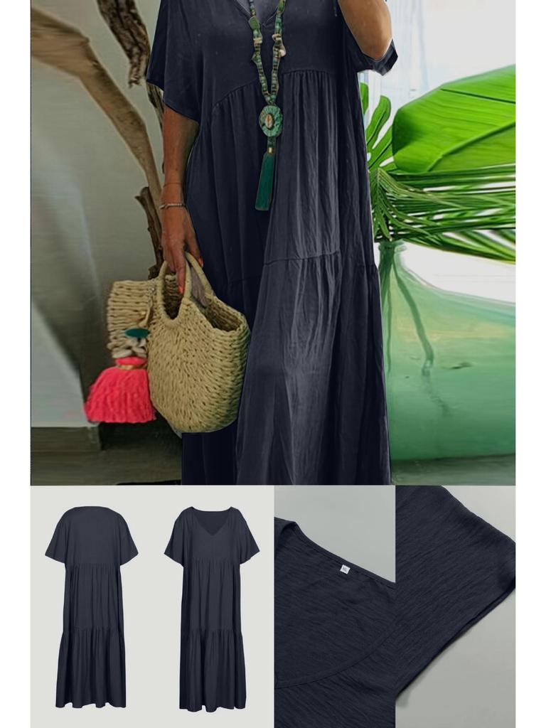 2025 Sommer Damen Einfarbig Locker Kurzarm Schwingkleid