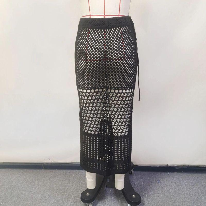 

European and American Solid Knitted Hollow Beach Skirt Swimsuit Overskirt Women Sunscreen Skirt Sexy Beach Skirt Black S