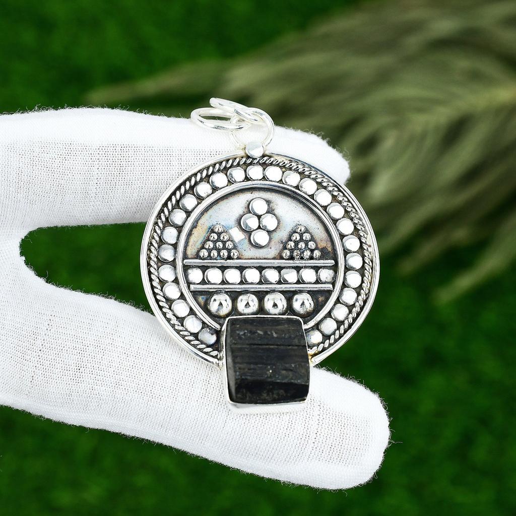 Friendship Day Deal 925 Silver Black Tourmaline Rough Stone Boho Pendant Jewelry