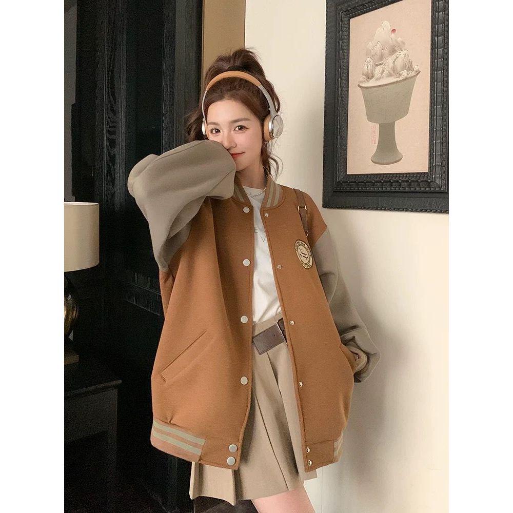 Women's 2023 Autumn Loose Color Block Baseball Jacket - Trendy, Versatile, Casual Top