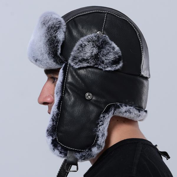 

Зимняя теплая мужская шапка толстая кроличья ушанка Россия натуральный мех шапка-ушанка One Size чёрный