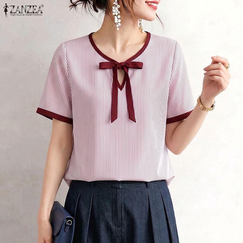 ZANZEA Women Casual Round Neck Loose Short Sleeve Stripe Blouse