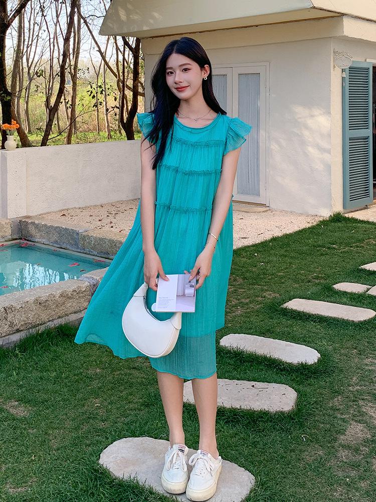 Coffee Break French Blue Small Flying Sleeve Dress Women's Summer Sense Dopamine Seaside Resort Beach Long Skirt
