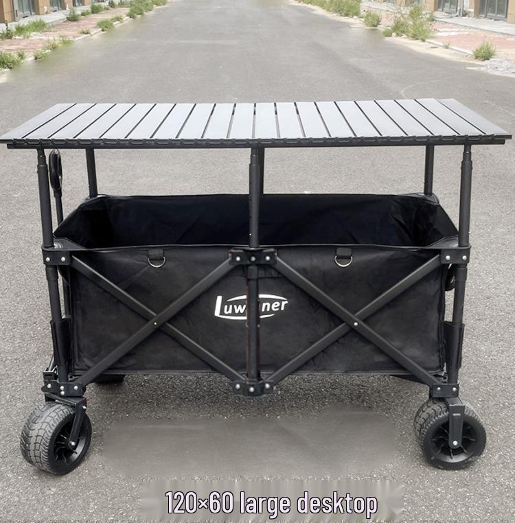 Adjustable Folding Handcart with Umbrella, Elevated Canopy & Table Top for Street Stalls or Camping.