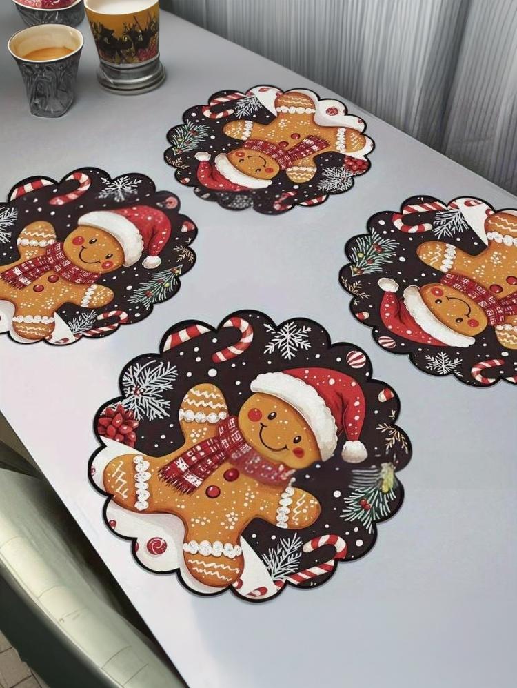 4PCS Christmas Circular Waves Placemats Non Slip Heat Resistant Table Mats Winter Dining Party Christmas Decor Round Tablecloth