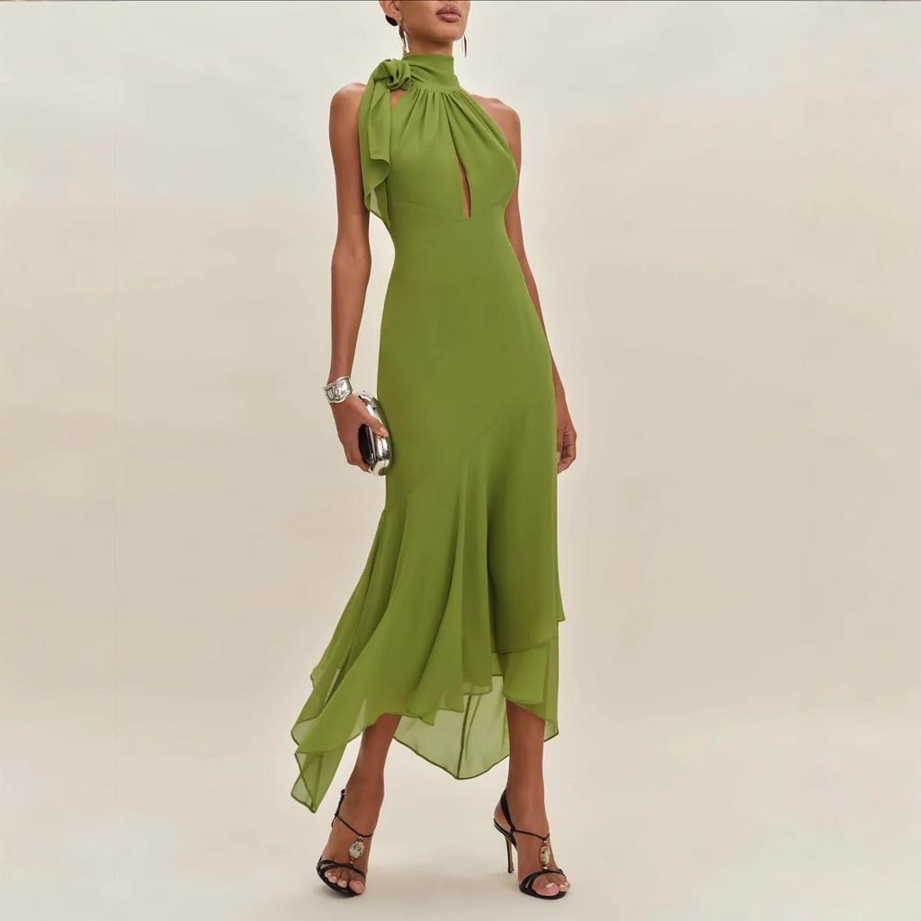 Women's Green Halter Neck Maxi Dress with Asymmetric Hem and Keyhole Cutout