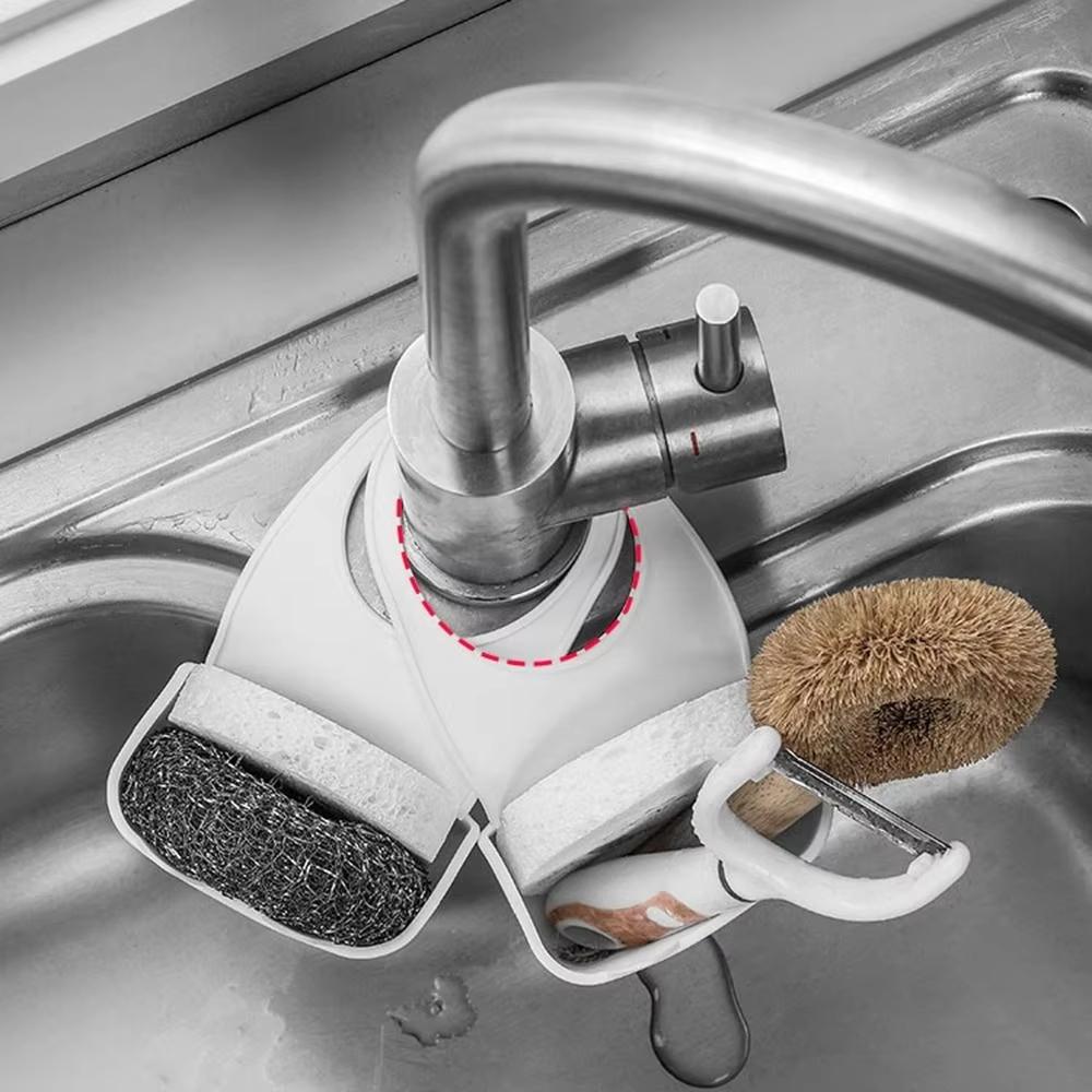 1pcs White Hanging Basket Soft Snap Fastener Faucet Sponge Holder Silicone Drainage Basket For Sink Faucet Hanging Storage Bag