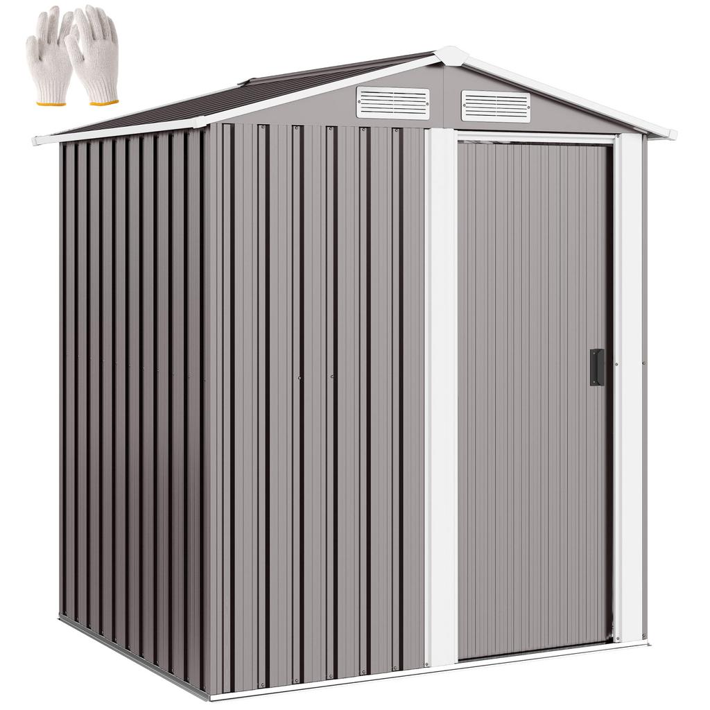 Garden Metal Tool Storage Shed with Sliding Door, Sloped Roof and Foundation Kit, 152 x 132 x 188cm, Grey